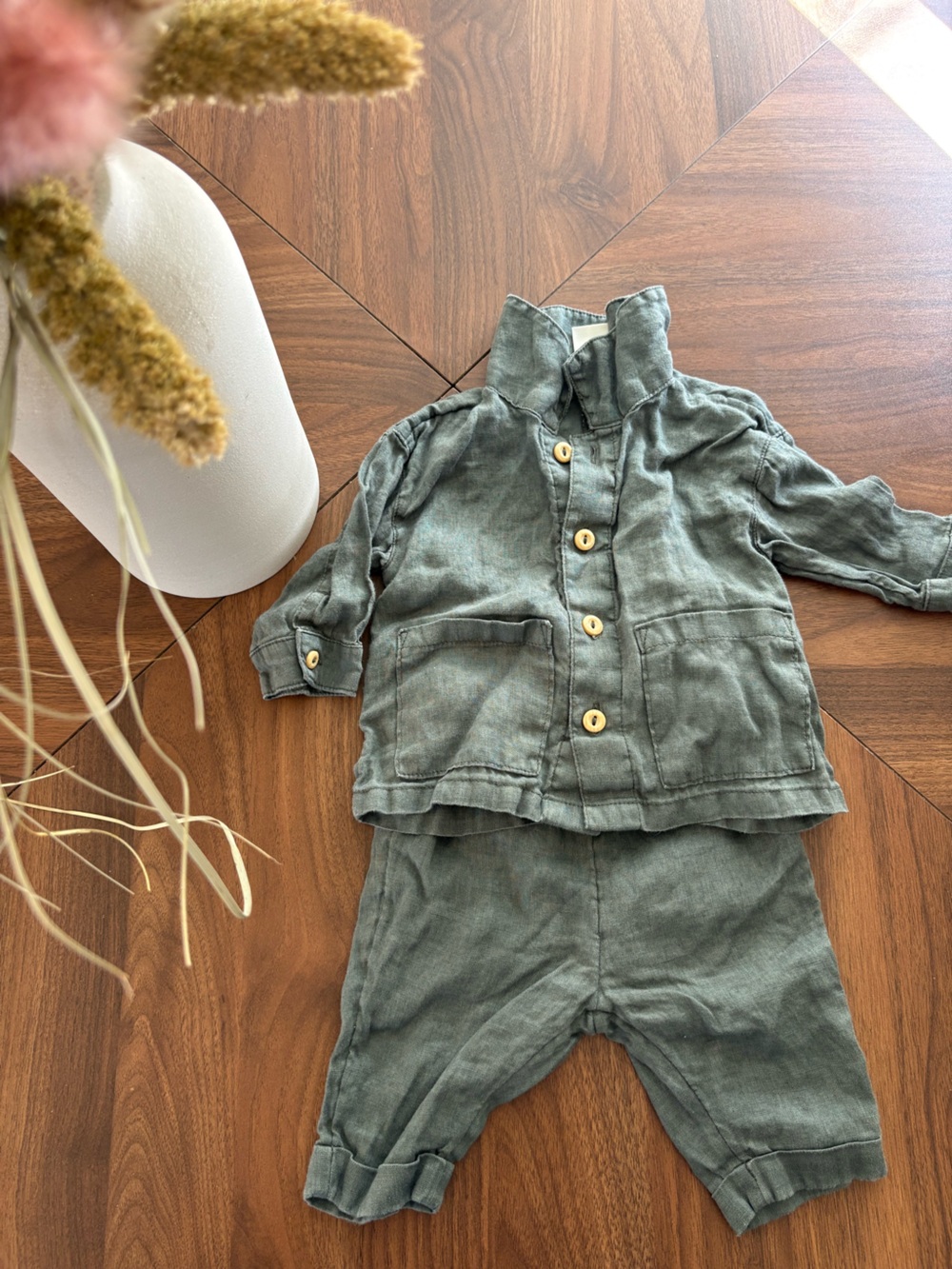 H&M Moss Green Linen Shirt Jacket Set